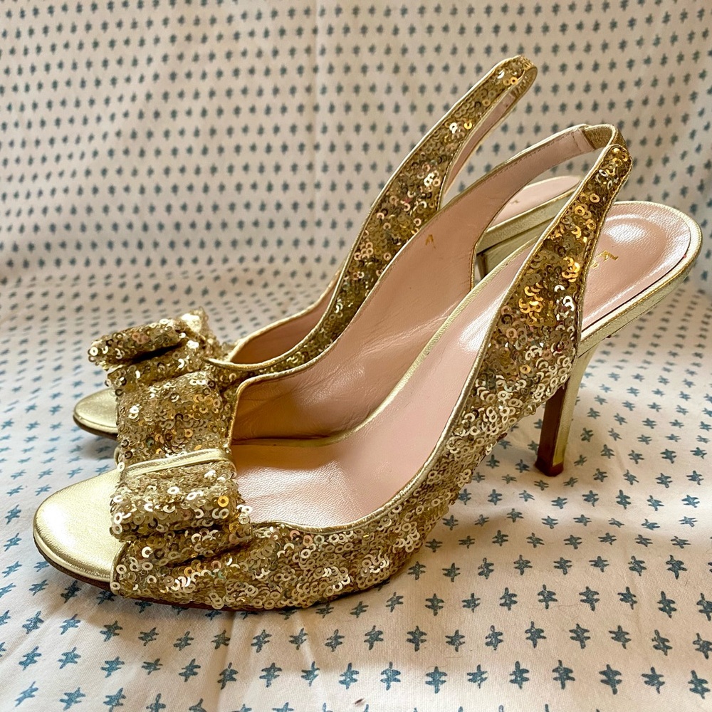 Kate Spade Carly Gold Sequin Slingback Peep Toe Bow Heels